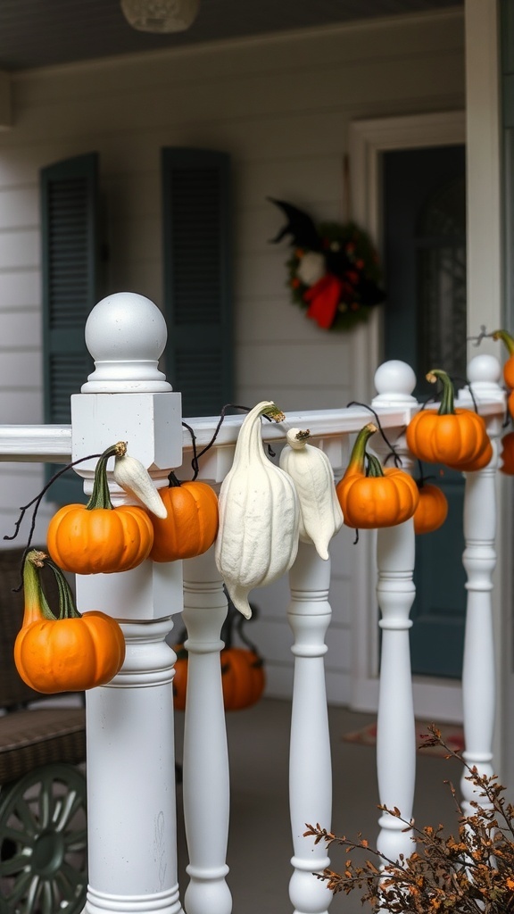 A garland of orange pumpkins and white gourds hanging on a white railing, decorated for Halloween.