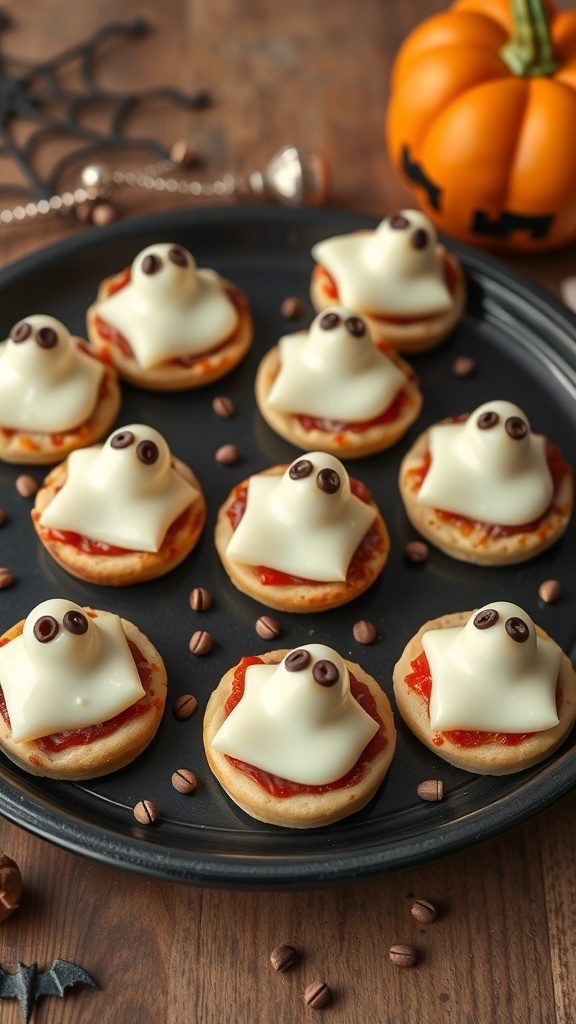 A platter of mini pizzas shaped like ghosts, topped with mozzarella cheese and chocolate chip eyes, perfect for Halloween.