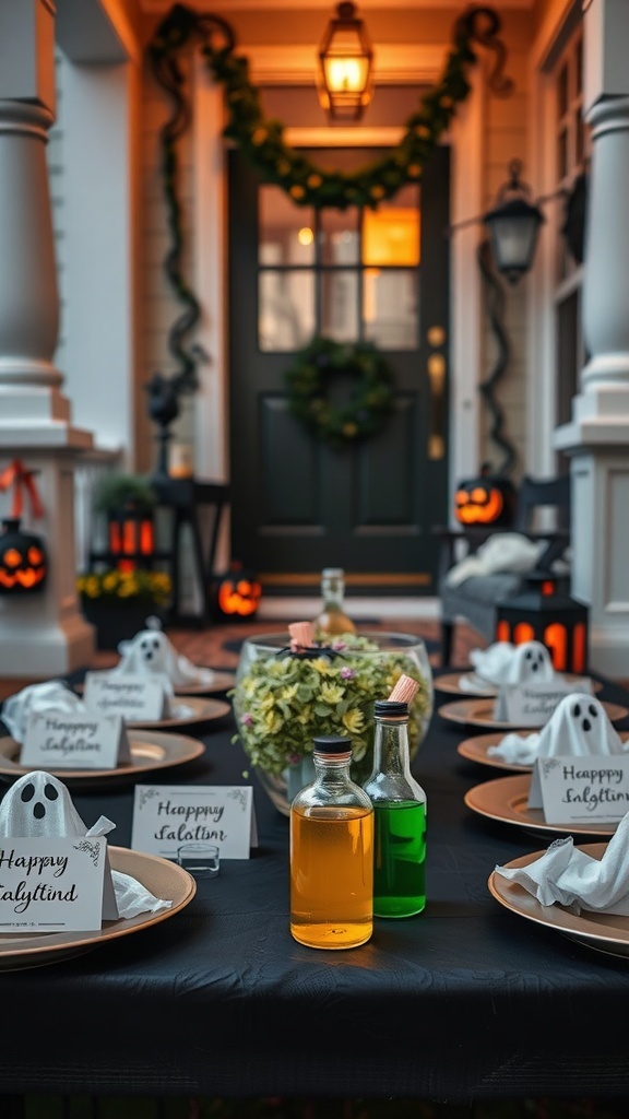 Halloween porch setup with ghostly place cards and colorful potion bottles