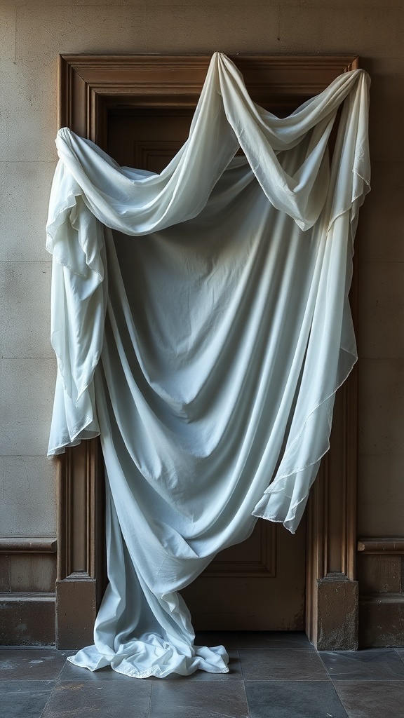 A door covered with flowing white fabric, resembling a ghostly figure.