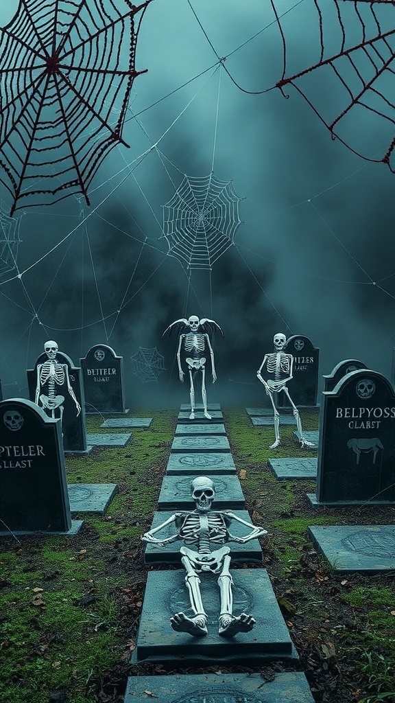 A spooky graveyard scene with skeletons, tombstones, and spider webs.