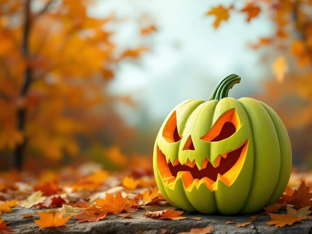 A carved green pumpkin with a spooky face, surrounded by autumn leaves.