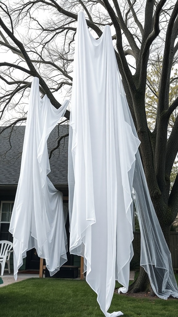 Giant white ghosts hanging from tree branches in a front yard