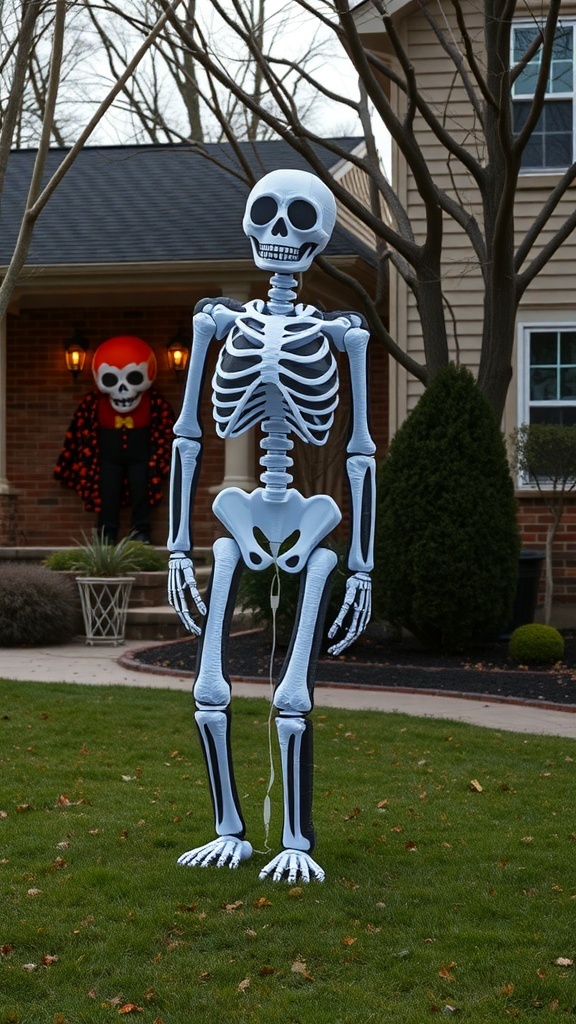 Giant inflatable skeleton in a yard with Halloween decorations.
