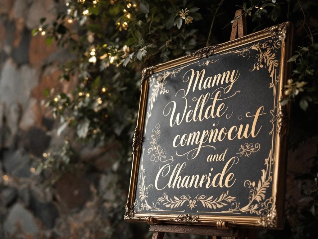 An ornate framed sign with gilded typography, featuring elegant lettering on a dark background, surrounded by greenery.