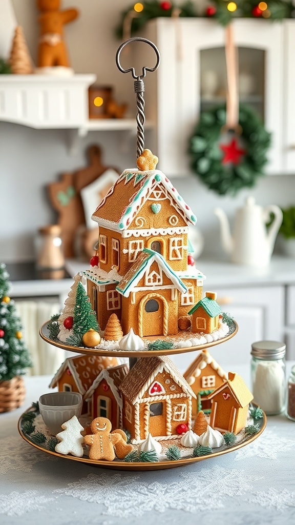 A tiered tray decorated with gingerbread houses, cookie cutters, and festive accents.