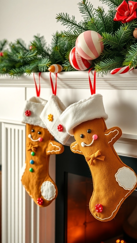 Gingerbread-themed stockings hanging on a mantel, decorated with colorful buttons and a festive garland.