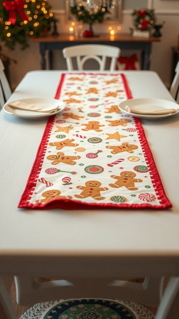 A gingerbread-themed table runner with gingerbread men and candy designs on a dining table.