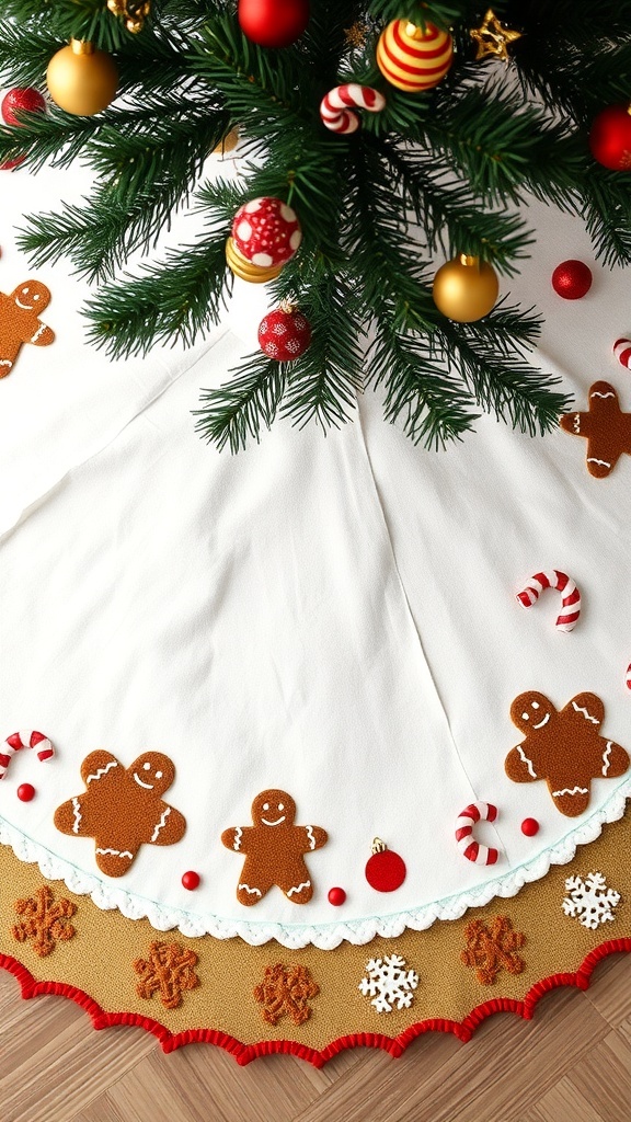 Gingerbread-themed tree skirt with gingerbread figures and candy decorations under a Christmas tree.