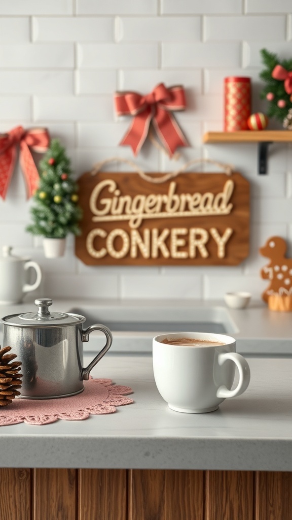 A cozy gingerbread-themed bakery corner with a sign, teapot, mug, and festive decorations.