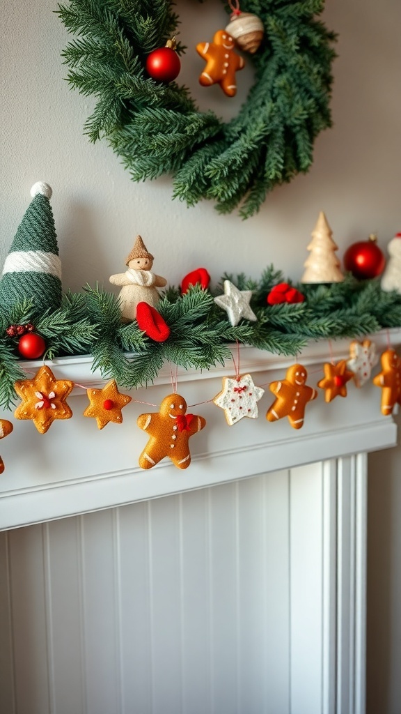 A festive gingerbread cookie garland displayed on a mantel, featuring gingerbread men and star shapes, surrounded by holiday decorations.