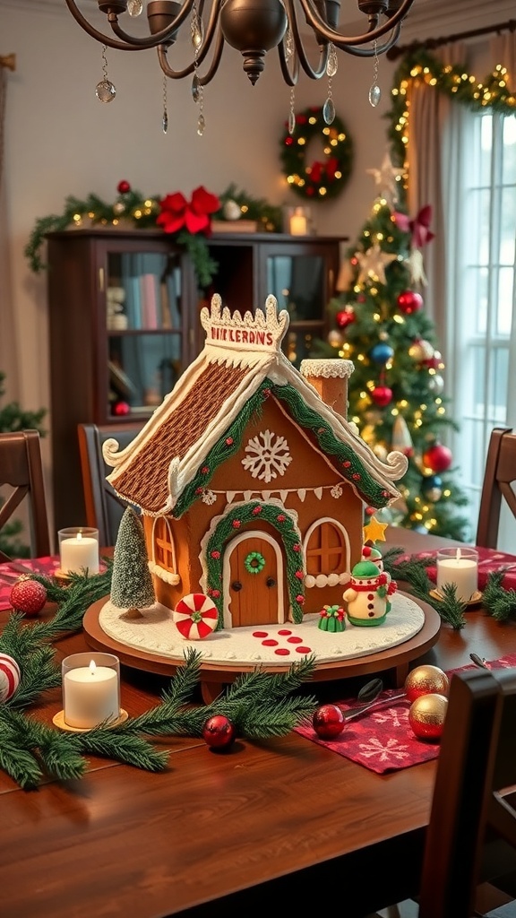 A beautifully decorated gingerbread house centerpiece on a festive dining table with candles and Christmas decorations.