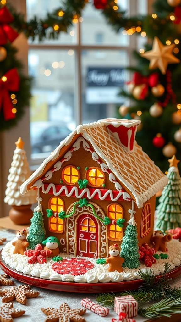 A beautifully decorated gingerbread house with colorful icing and candy, surrounded by festive decorations.