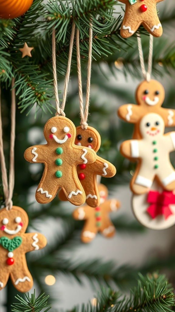Gingerbread man ornaments hanging on a Christmas tree.