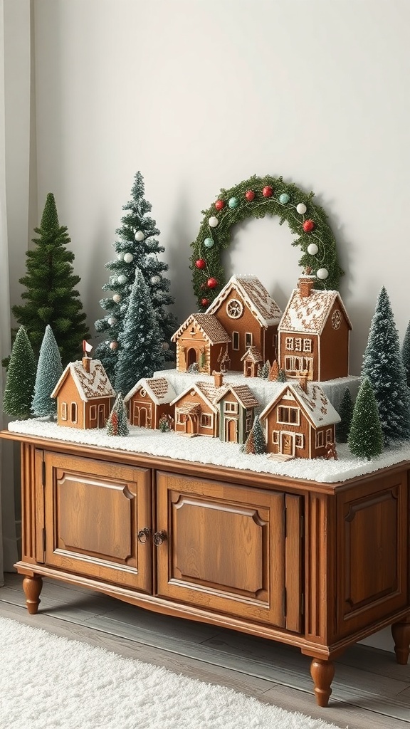 A festive gingerbread village display featuring decorated gingerbread houses, miniature trees, and a wreath.