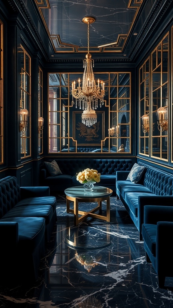 A luxurious interior featuring deep blue velvet seating, a crystal chandelier, and gold accents.