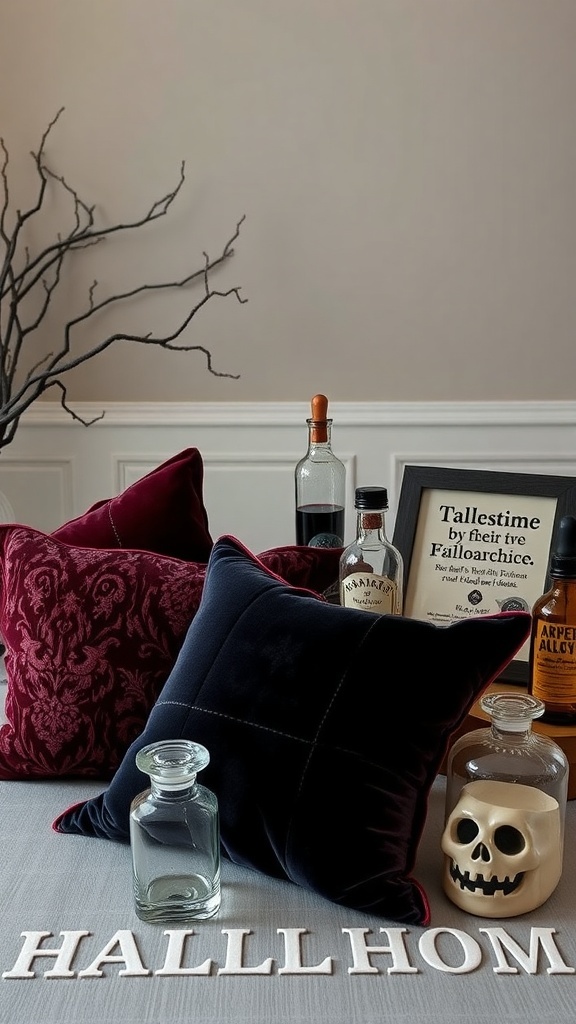 A collection of dark velvet pillows, apothecary bottles, and a skull, creating a spooky yet elegant Halloween decor.