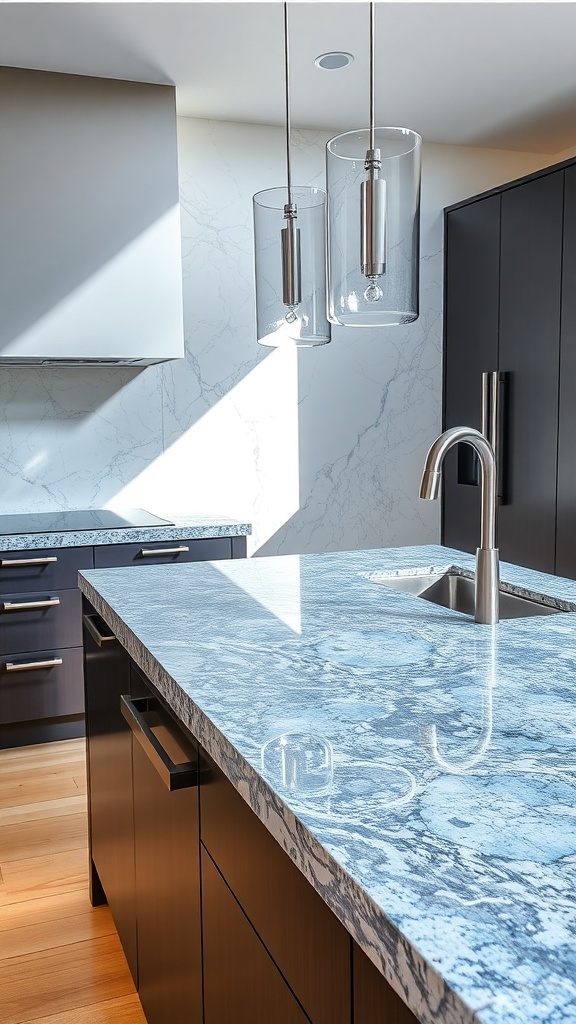 A modern kitchen featuring a Blue Pearl Granite countertop with dark cabinetry and pendant lighting.