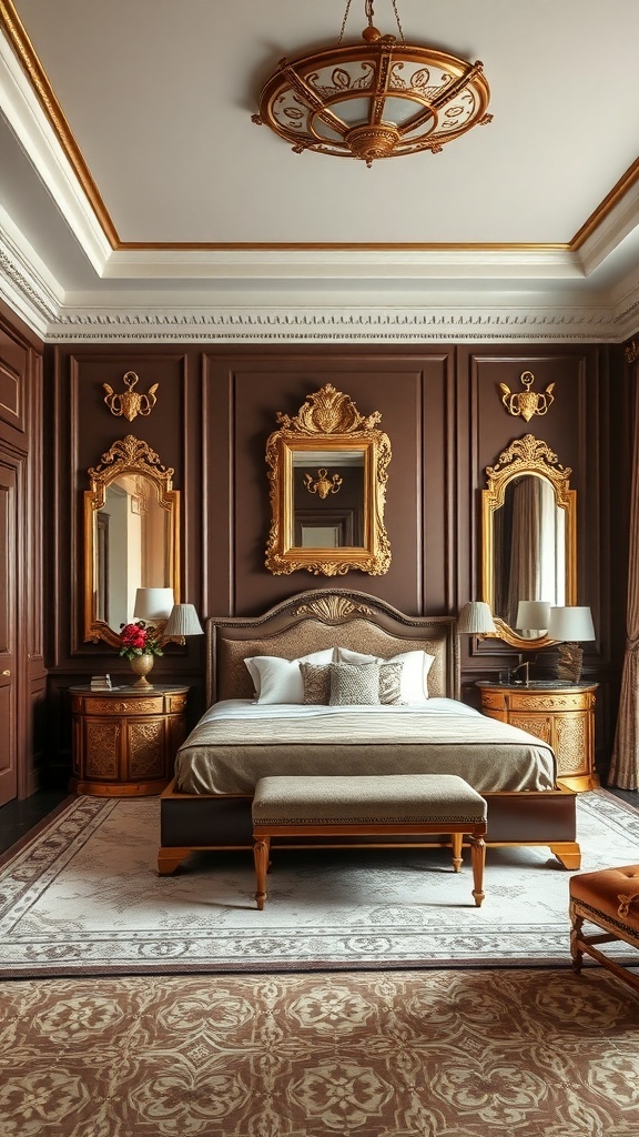 A luxurious bedroom featuring chocolate brown walls, gold accents, an ornate chandelier, and elegant furniture.