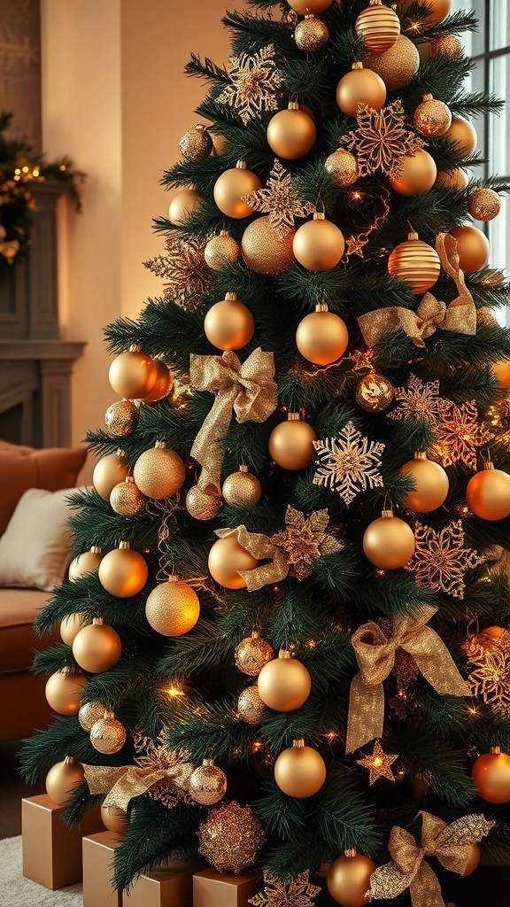 A beautifully decorated Christmas tree with gold and champagne ornaments, featuring warm lights and elegant ribbons.