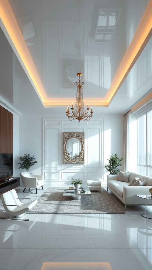A modern living room with a high-gloss ceiling, elegant chandelier, and stylish decor.