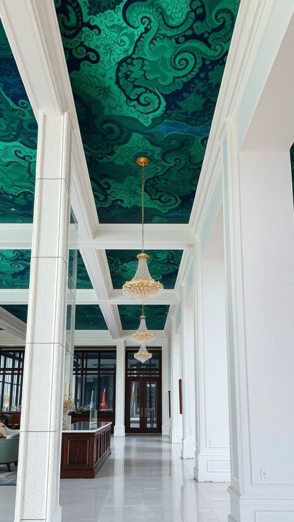 A luxurious ceiling painted in deep green and blue tones with intricate patterns, featuring elegant chandeliers below.