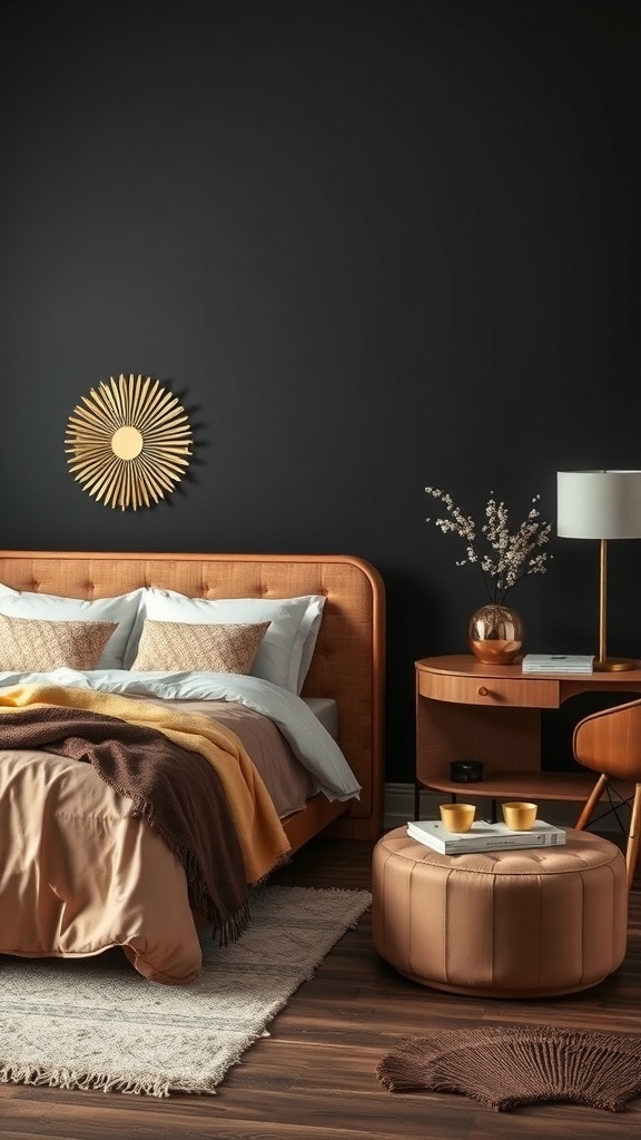 A dark feminine bedroom featuring a golden sunburst mirror, soft bedding, and warm metallic accents.
