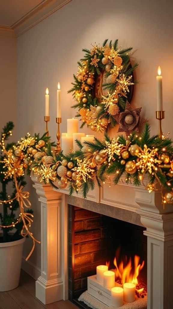 A beautifully decorated fireplace with a gold metallic garland, candles, and a festive wreath.