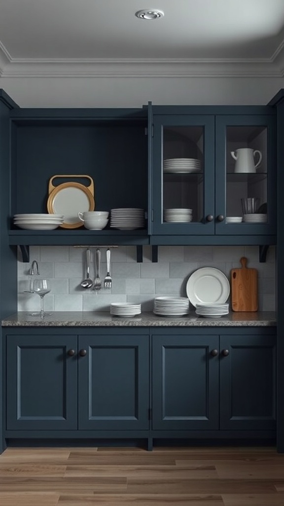 A kitchen with dark blue glass-front cabinets showcasing white dishware and a wooden cutting board.