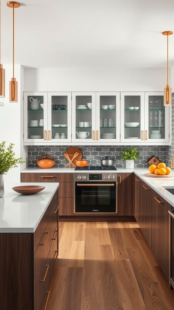 A modern kitchen featuring a glass-front island with wood cabinetry and copper accents.
