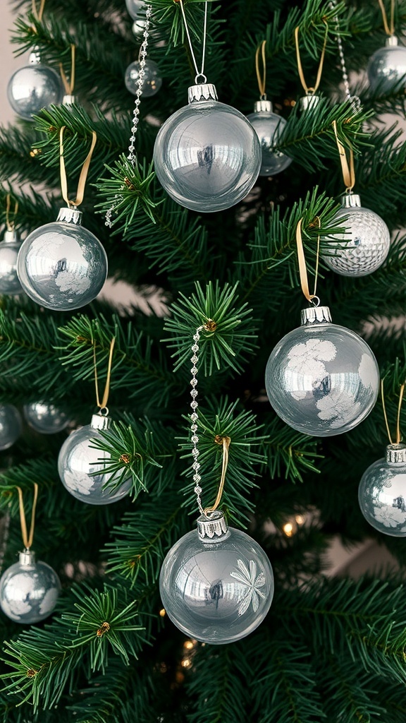 A Christmas tree decorated with silver glass ornaments, showcasing a modern and chic holiday decor style.