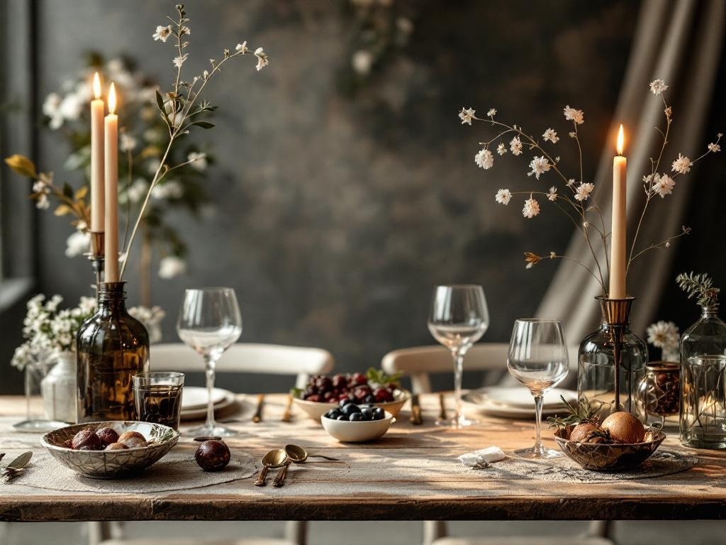 A beautifully set table featuring glass and metal accents, with candles, flowers, and elegant tableware.