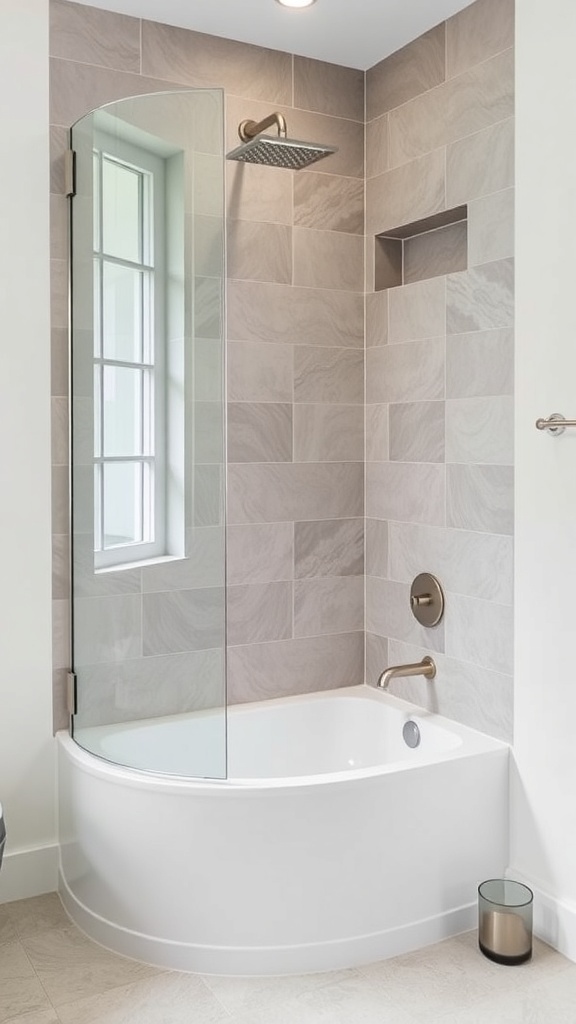 A modern bathroom featuring a curved glass panel over a bathtub, showcasing a sleek and space-saving design.