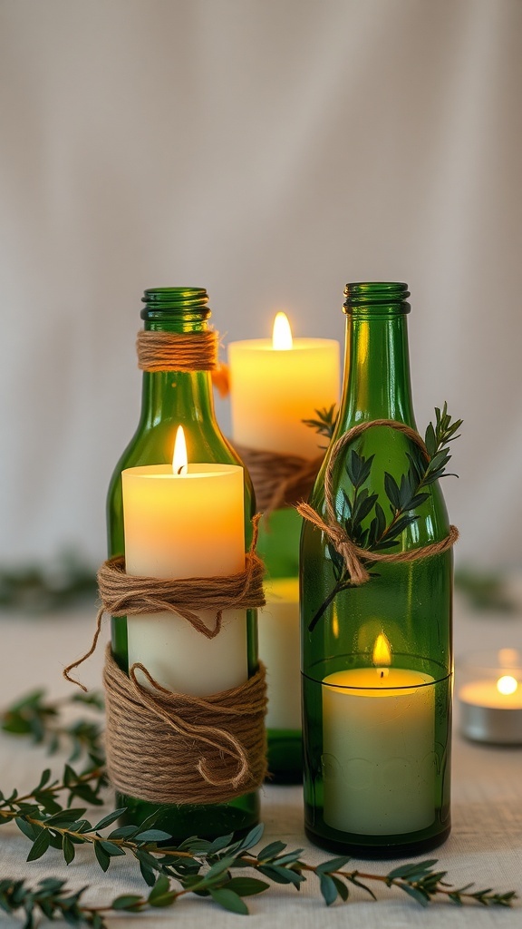 Three green glass bottles wrapped with twine and holding candles, surrounded by greenery.