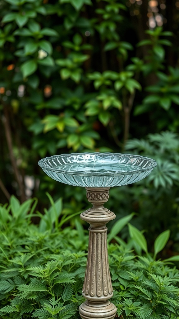 A glass bowl bird bath on a decorative pedestal surrounded by green foliage