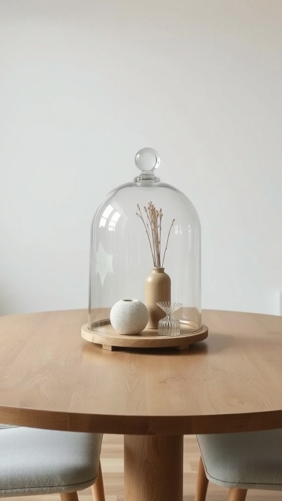 A glass cloche display featuring decorative objects on a wooden dining table.