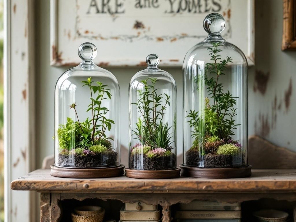 Three glass cloche terrariums with various plants on a wooden table