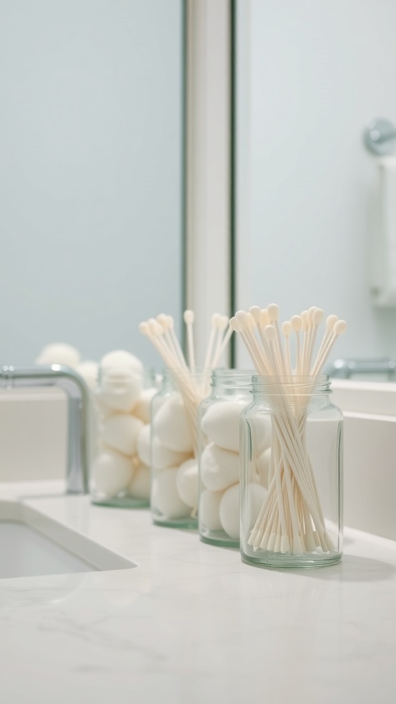 Glass jars filled with cotton swabs and bath bombs on a bathroom countertop