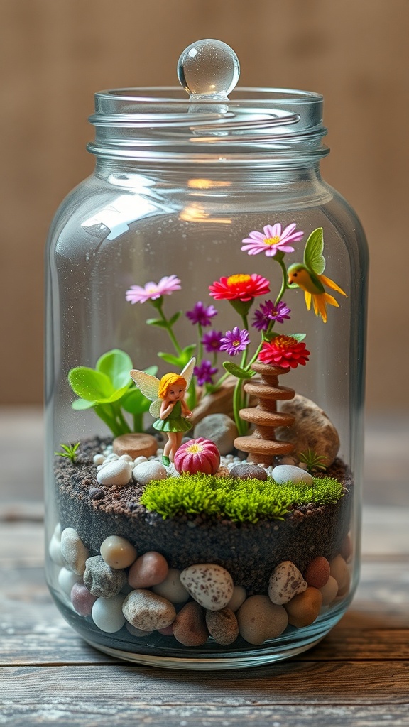 A glass jar terrarium featuring colorful flowers, a tiny fairy, and decorative stones.