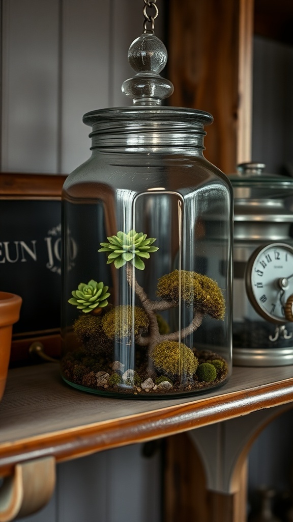 A glass jar terrarium with succulents and moss, showcasing a mini ecosystem.