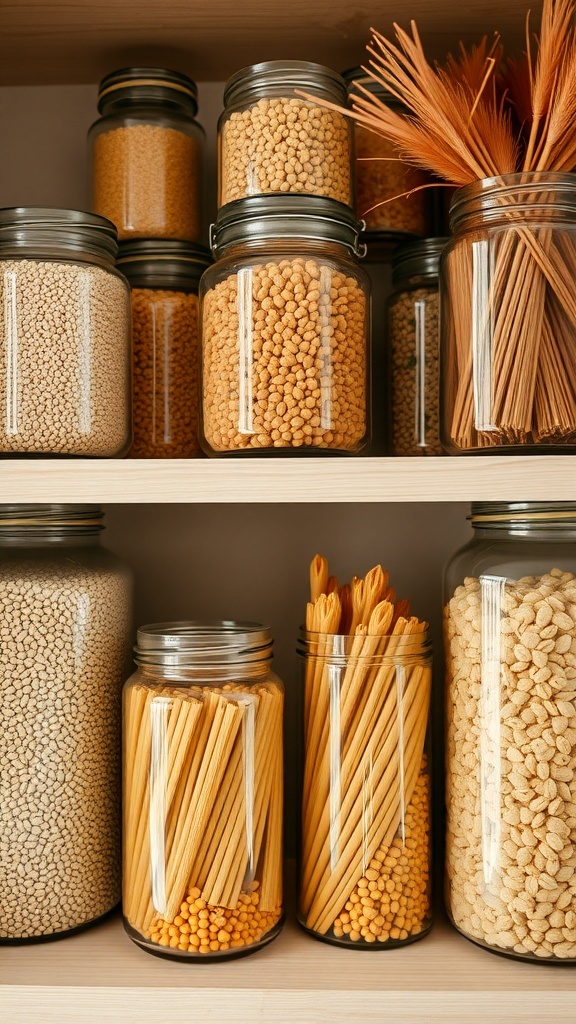 A neatly organized pantry shelf with glass jars filled with various dry goods like grains, pasta, and legumes.
