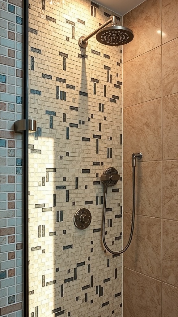 A rustic shower featuring glass mosaic tiles in a mix of light and dark colors, with a modern showerhead.