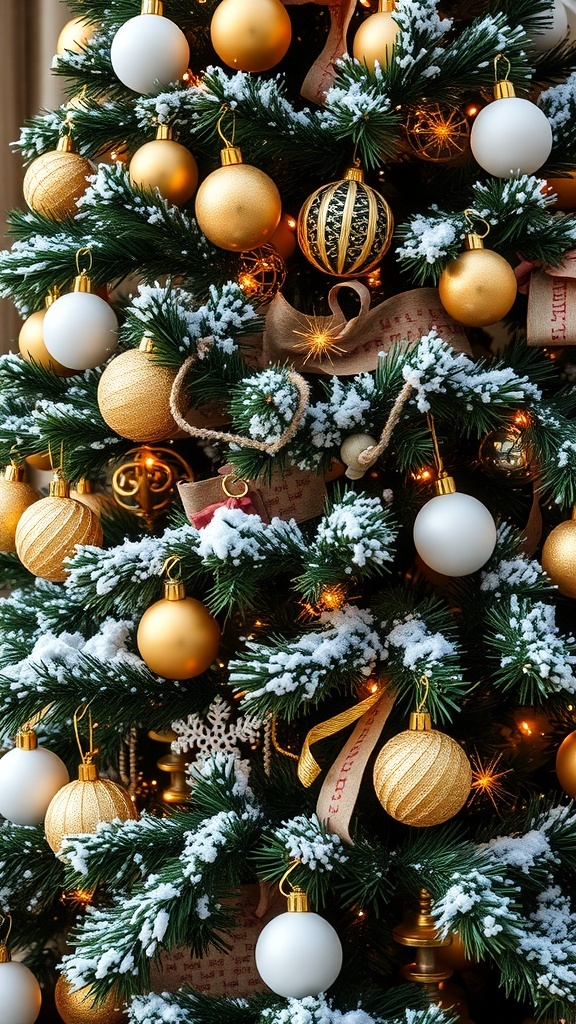 A beautifully decorated Christmas tree with gold and white ornaments, featuring snow accents and twinkling lights.