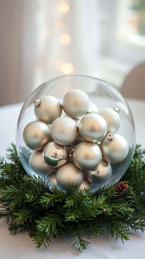 A glass bowl filled with silver and white ornaments, surrounded by fresh greenery and a pine cone.