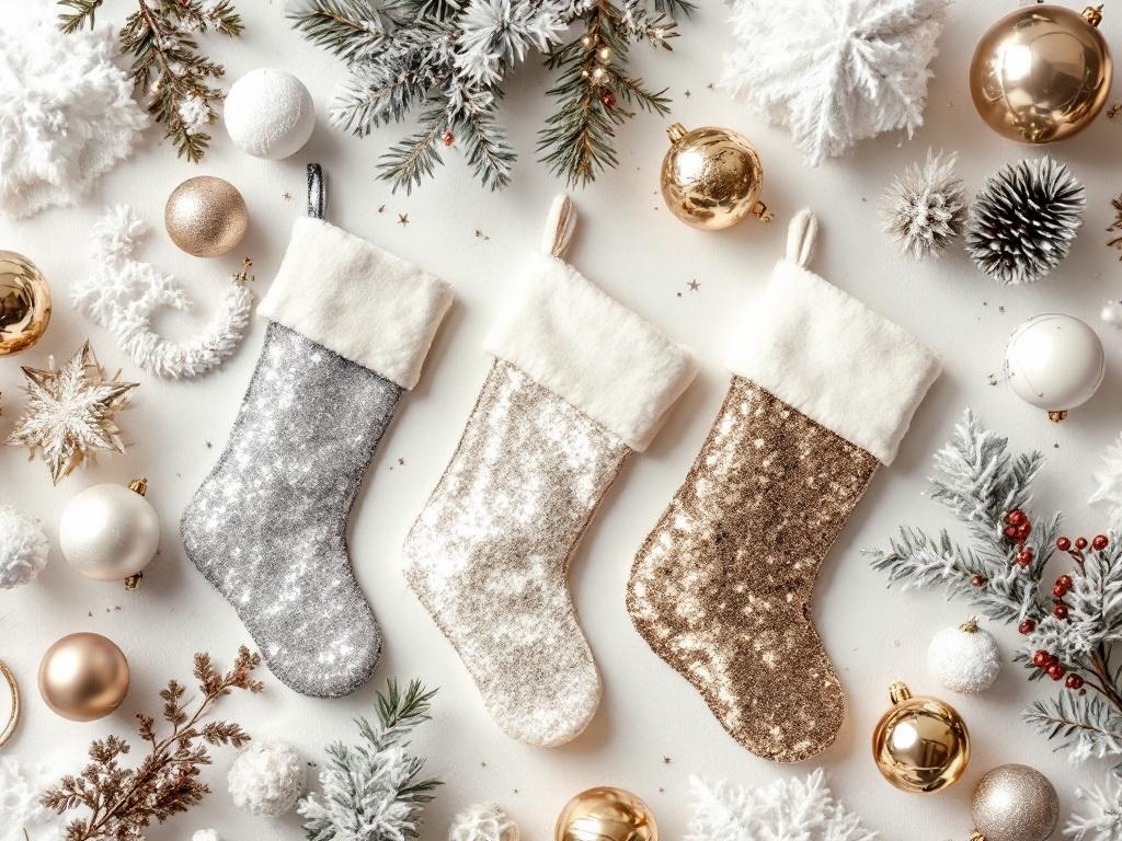 Three glittery Christmas stockings surrounded by festive decorations