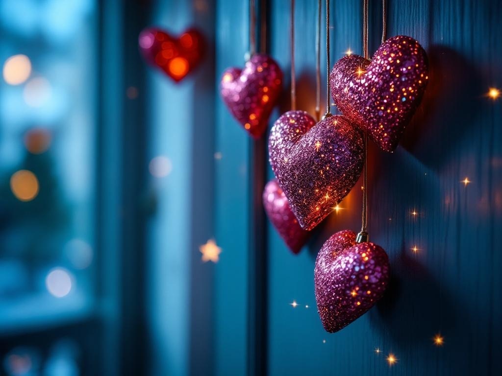 A collection of glittery pink hearts hanging on a door, creating a festive Valentine decoration.