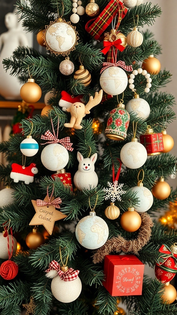 A Christmas tree adorned with various globally inspired ornaments, including globe-shaped decorations, handmade items, and colorful baubles.