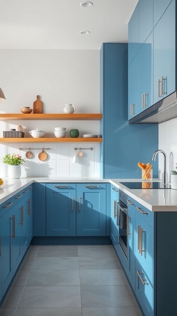 A modern kitchen featuring glossy blue cabinets, white countertops, and wooden open shelving.