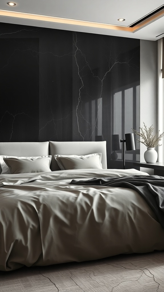 A modern bedroom featuring a glossy black wall and soft matte bedding, showcasing a mix of finishes for depth.