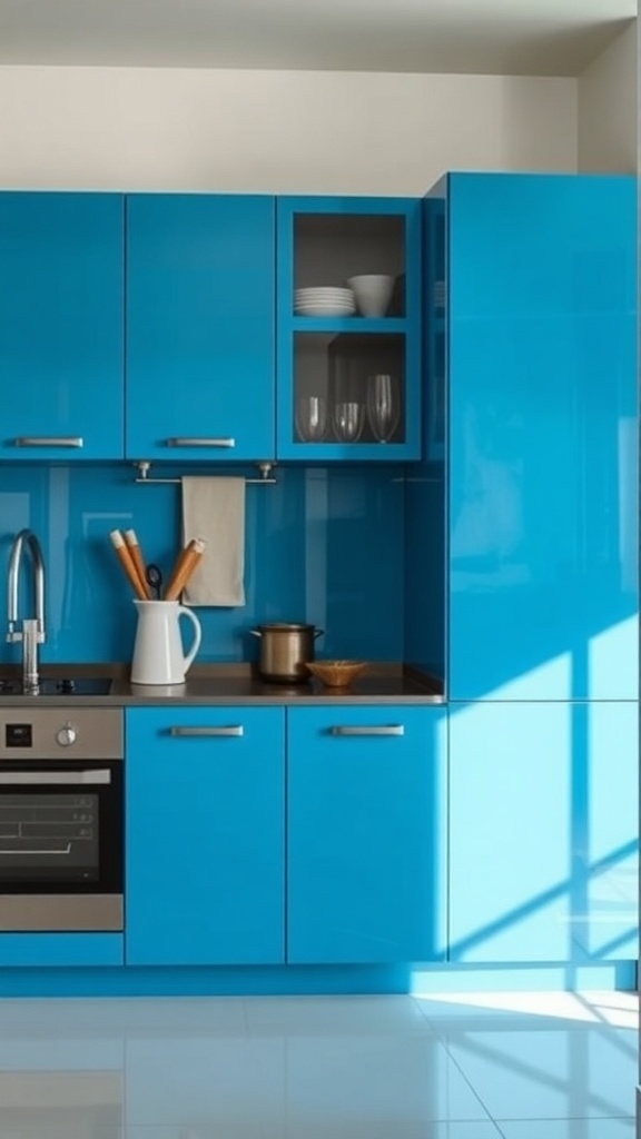 A modern kitchen with glossy blue lacquer cabinets, showcasing a vibrant and clean design.